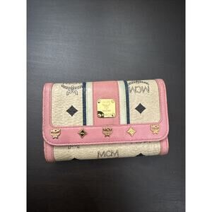 Authentic MCM Web Monogram Coated Canvas Leather Studded Trifold Medium Wallet